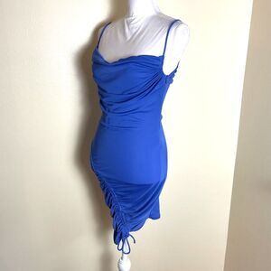 Forever 21 Y2K Style Ruched Bodycon Mini Dress Sz S Slinky Club Asymmetrical Hem